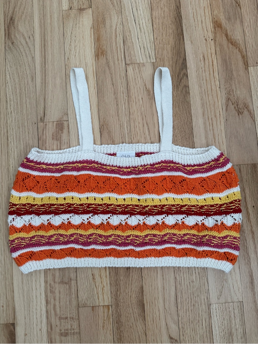 NWOT Zara White Striped Crochet Knit Crop Top with Orange & Yellow Accents